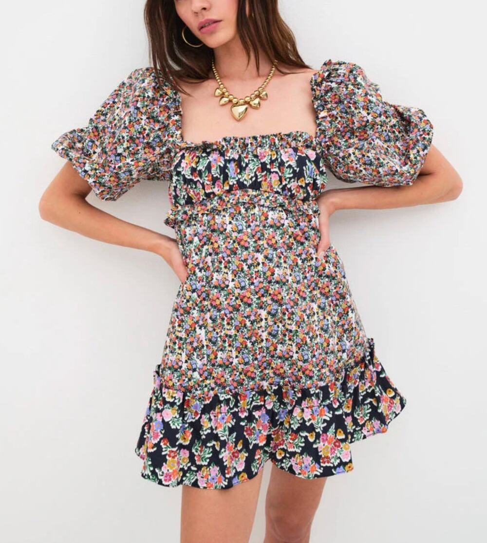 For Love & Lemons Hudson Mini Dress Black Floral Size Medium NWT Stretchy Back